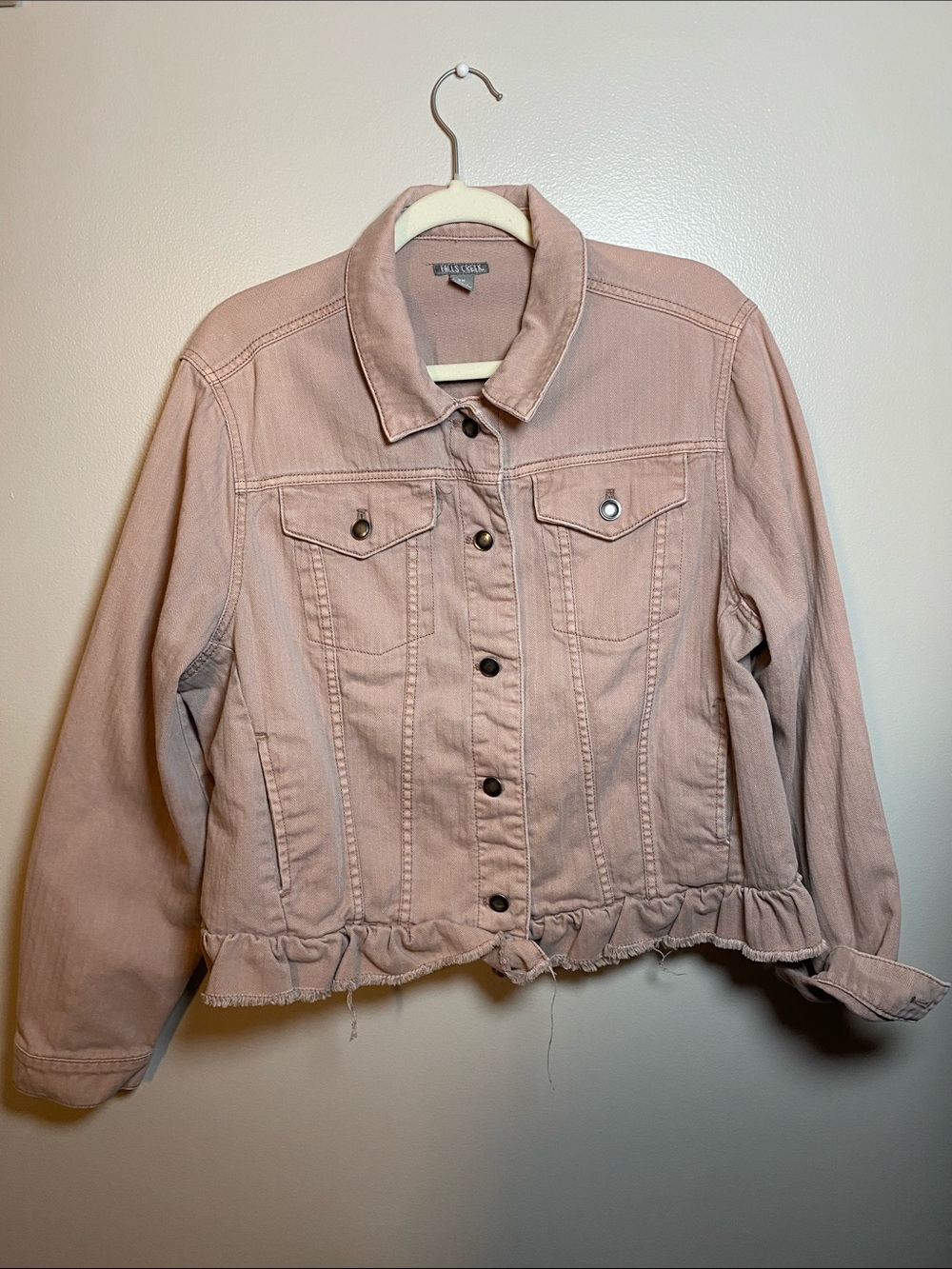 Falls Creek Blush Pink Ruffled Hem Jean Jacket 2XL Stretchy Distressed